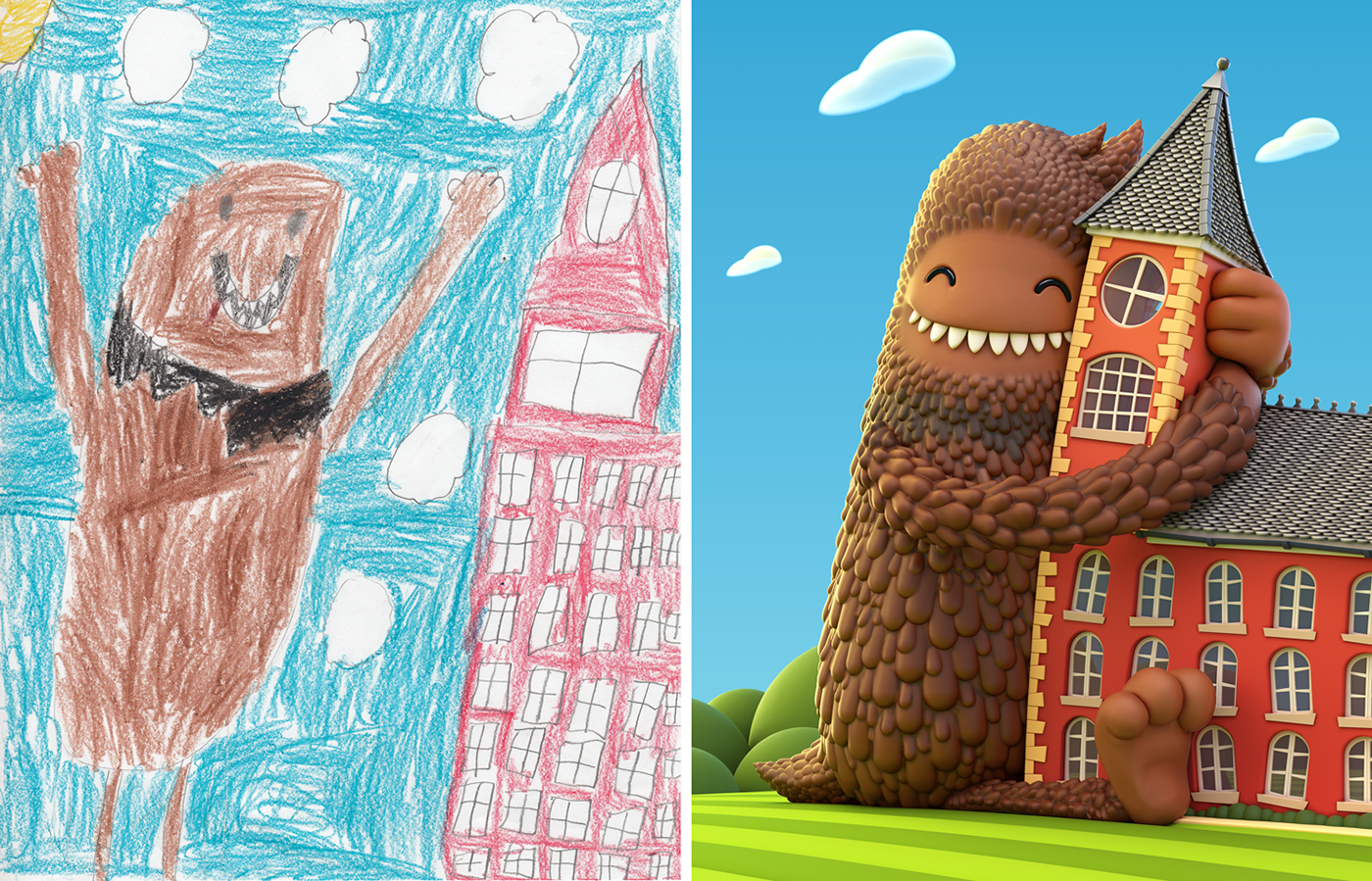 kid’s drawing of a monster the height of a building and a 3D modeled version of the monster hugging the building