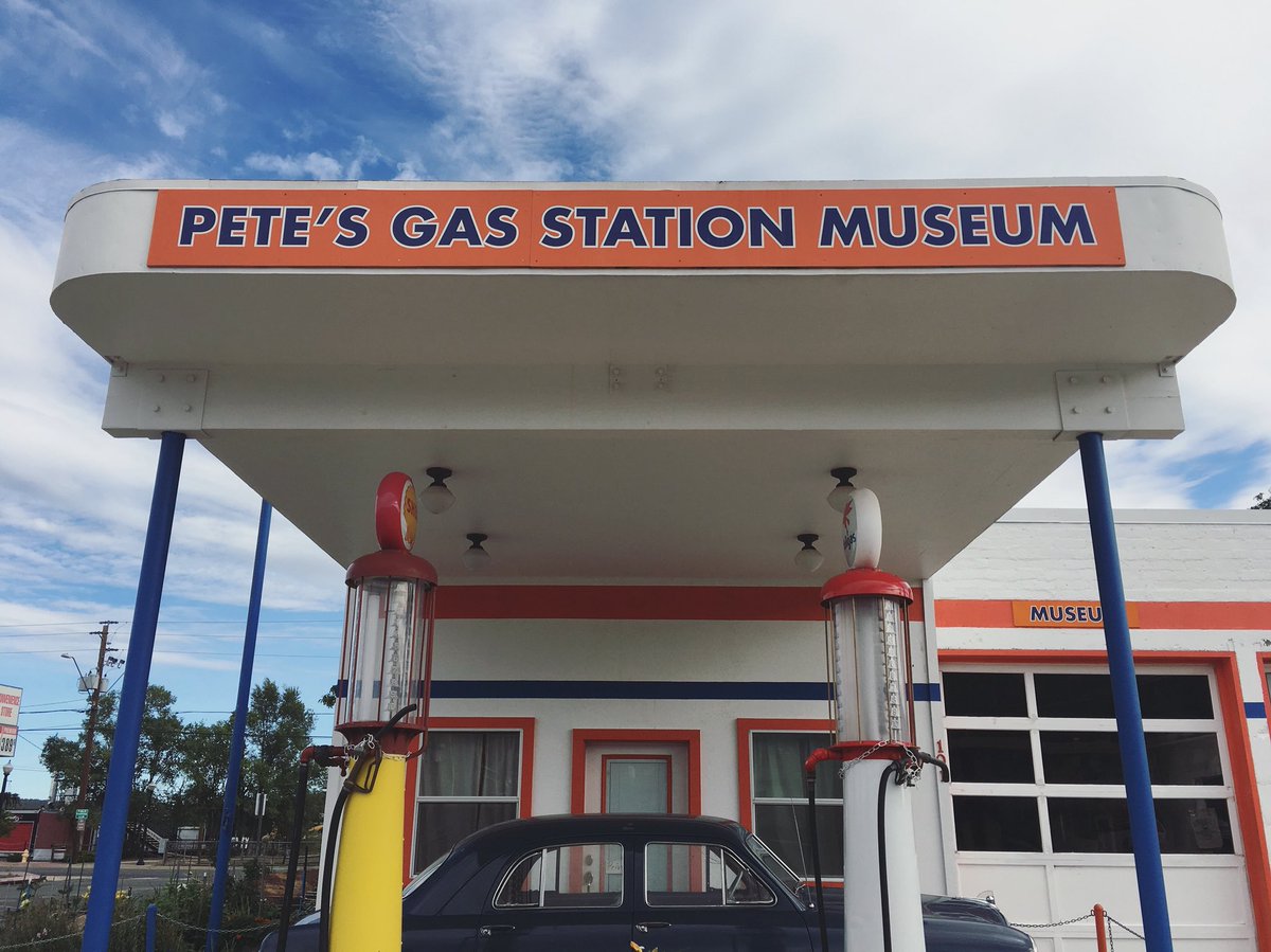 Pete’s has station Museum with vintage gas pumps and vintage car out front