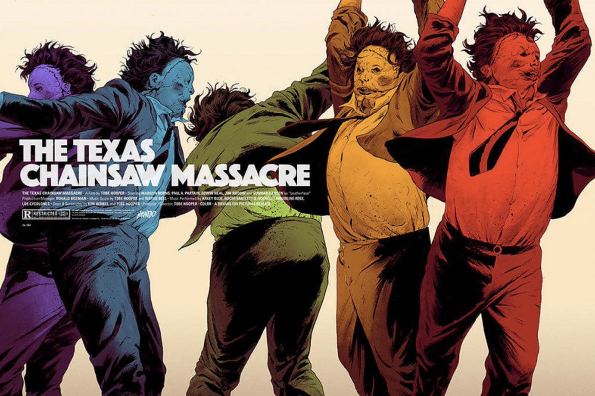 Artwork for "The Texas Chainsaw Massacre" with Leatherface in five different, rainbow-colored poses so it looks like he's gleefully dancing.