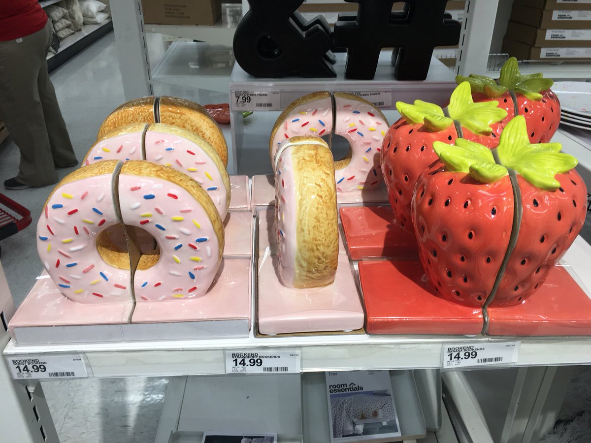 Bookends shaped like donuts and strawberries