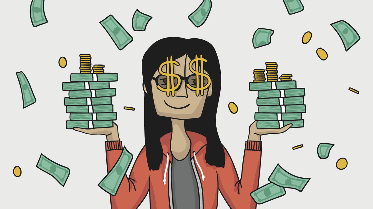 A self-portrait illustration wearing dollar sign glasses, holding stacks of dollar bills and gold coins, with more money and coins falling from the sky.