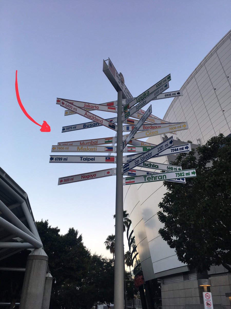 A fingerpost with many cities’ names and distances from L.A.