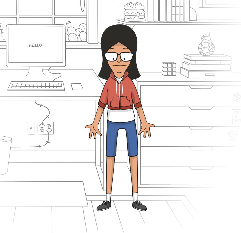 Bob‘s Burgers illustration of the author looking down at her shrinking clothing with concern