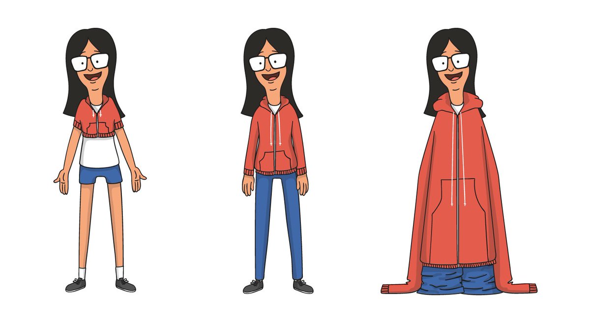 Three illustrations of me as a Bob's Burgers character, one with teeny tiny sweater and shorts, one with normal proportioned clothing, and one with giant baggy sweater and pants.