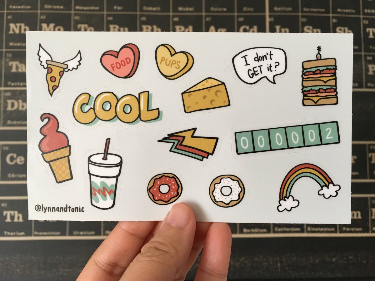 A sticker sheet with illustrated stickers of a flying pizza, frozen yogurt cone, fountain soda, donuts, candy hearts, cheese, a sandwich, 2 unique visitors website counter, a rainbow, and more.