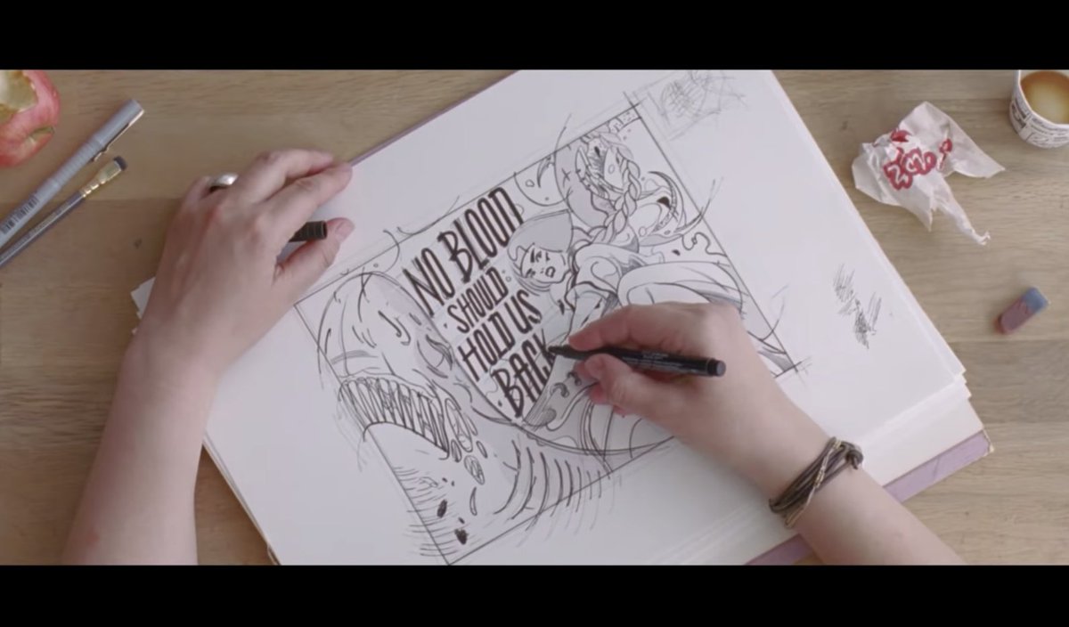 A screencap from the #Bloodnormal commercial: a hand-drawn illustration of a woman hero with the words “No blood should hold us back.”