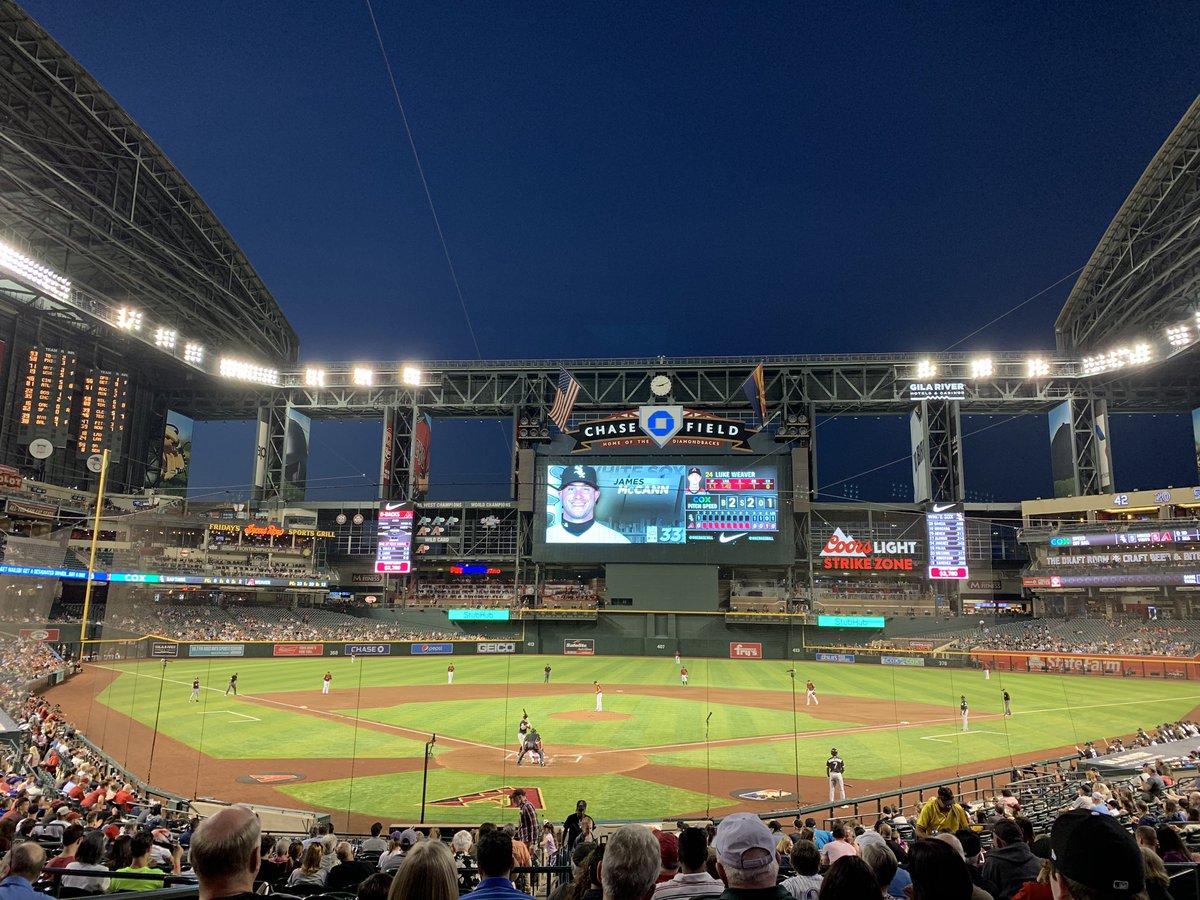 Baseball game at Chase Field with the stadium roof opened.