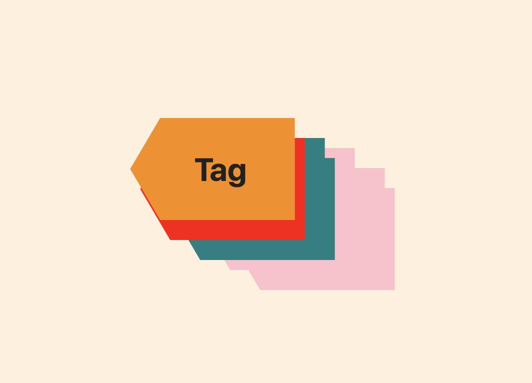 An orange tag shape, with a red drop shadow and then teal and pink drop shadows that also shadow the previous shadows.