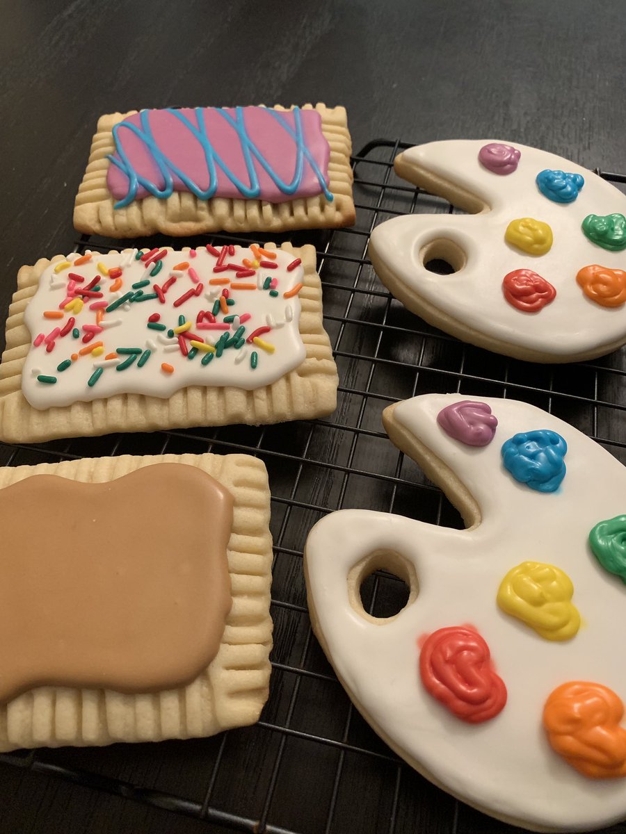 Closeup of pop tart and artist palette cookies.