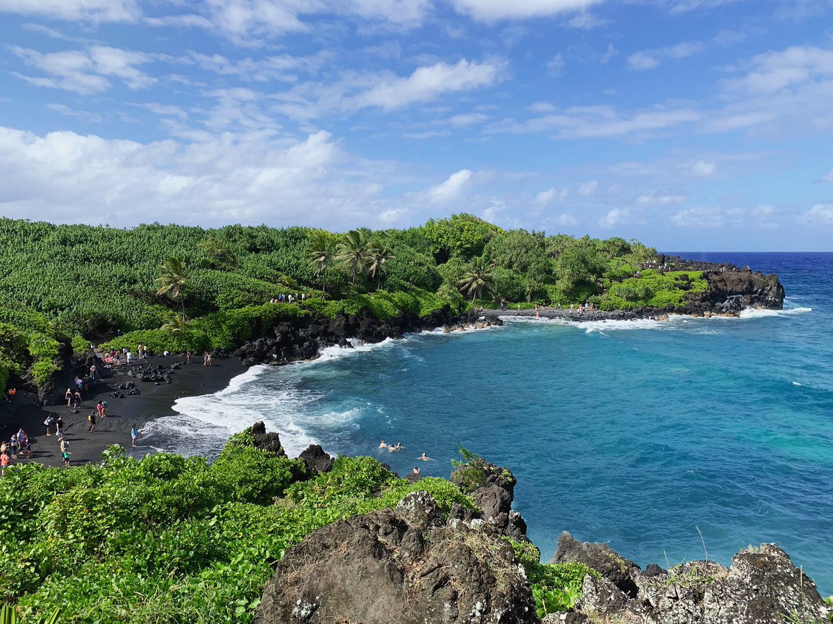 A cove of green plants and a black sand beach against a bright blue ocean.