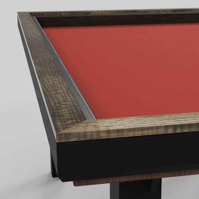 A 3D rendering of a wood table with an inset, red felt surface for playing board games.