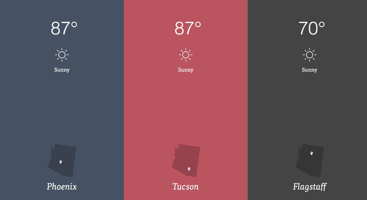 87° and sunny in Phoenix, 87° and sunny in Tucson, 70° and sunny in Flagstaff.