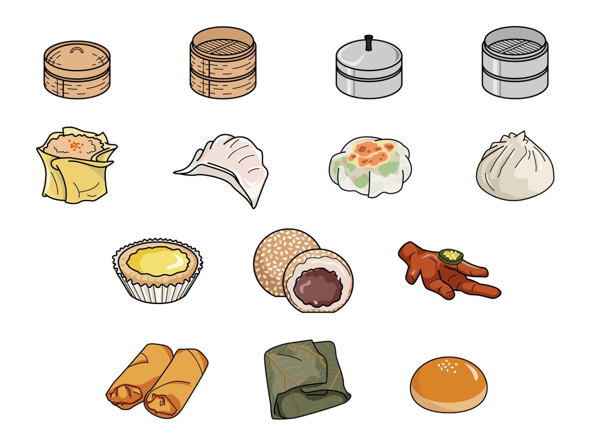 An illustrated icon set of dim sum treats like dumplings, custard, spring rolls, and chicken feet.