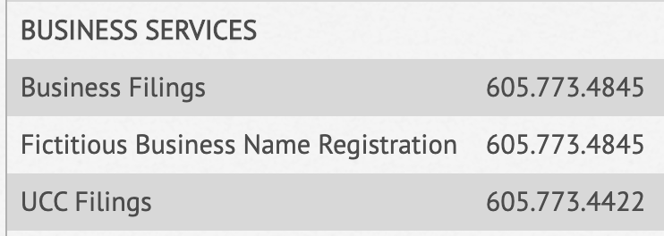 A phone directory listing including “Fictitious Business Name Registration.“