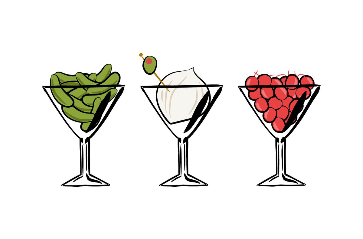 Three martini glasses: one filled with tiny pickles, one with an onion, and one with cherries.