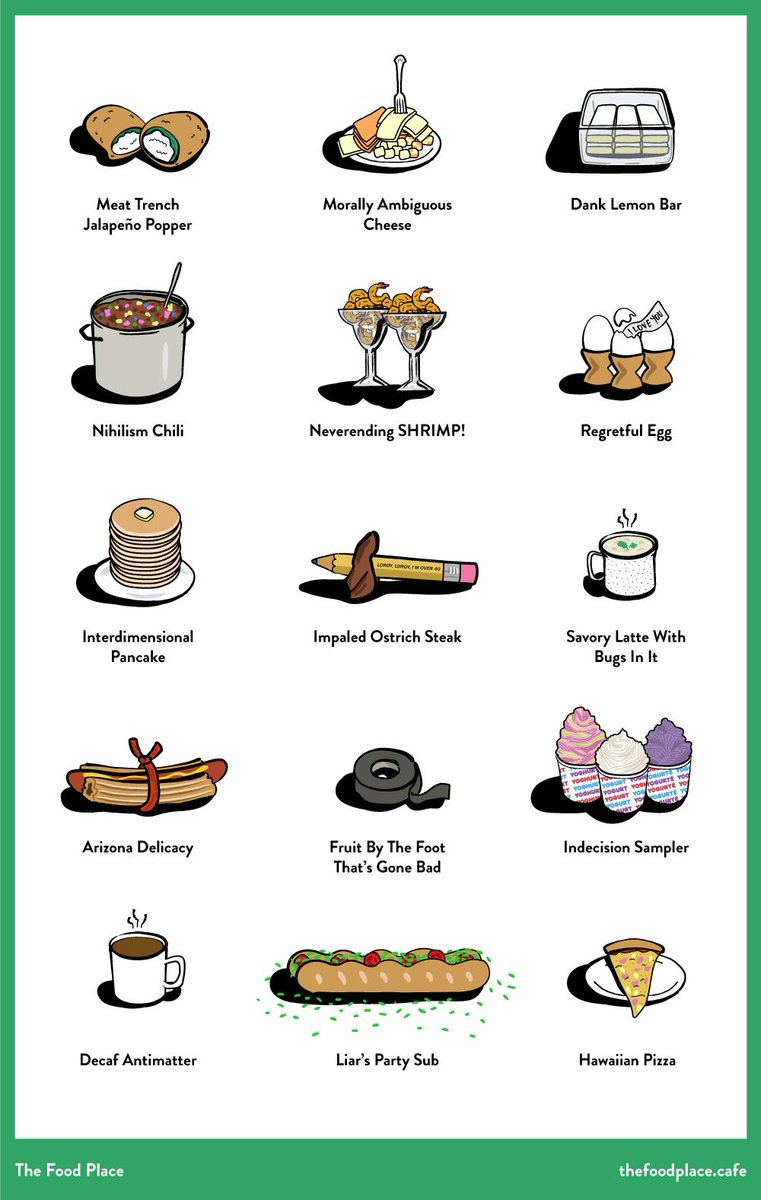 An illustrated list of food items from The Good Place including “Impaled Ostrich Steak” and “Nihilism Chili.”