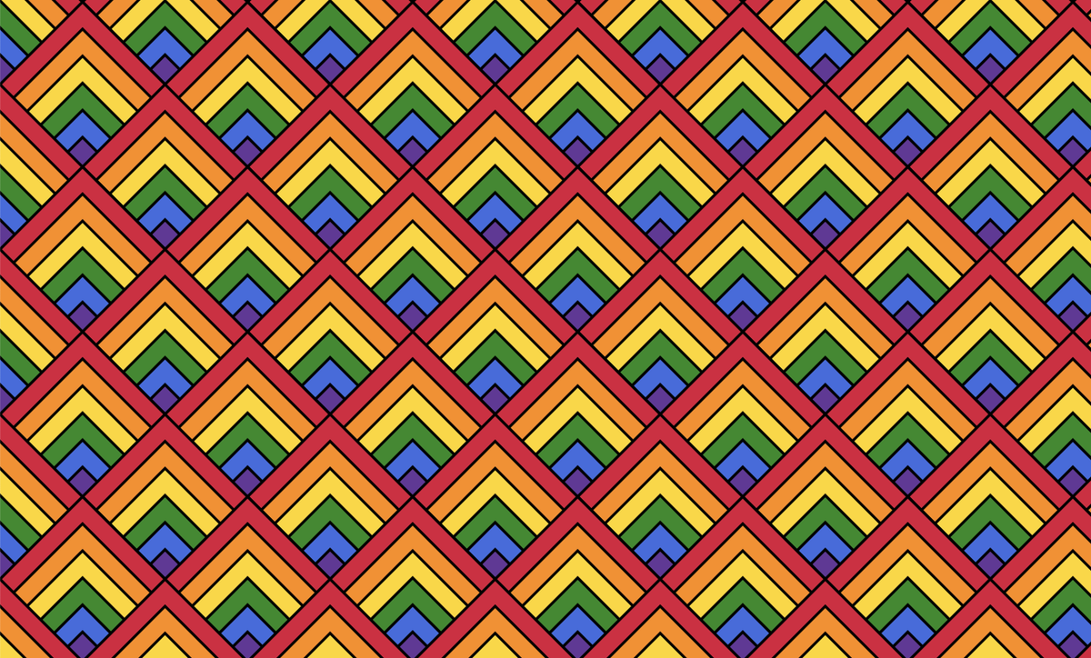 Repeating pattern of overlapping rainbow striped triangles.