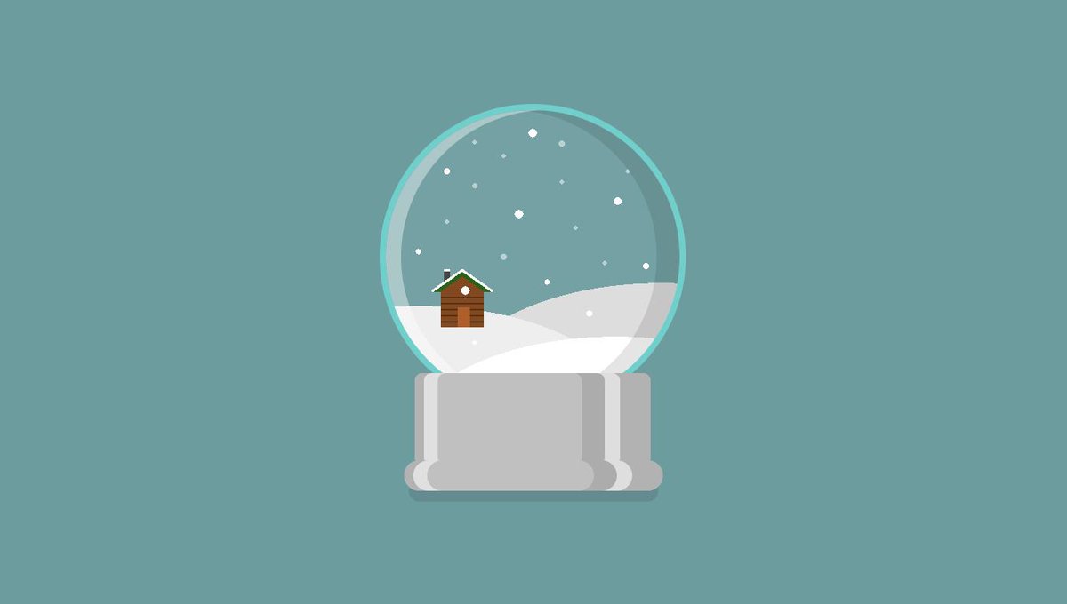 Illustration of a snow globe with a tiny cabin inside.