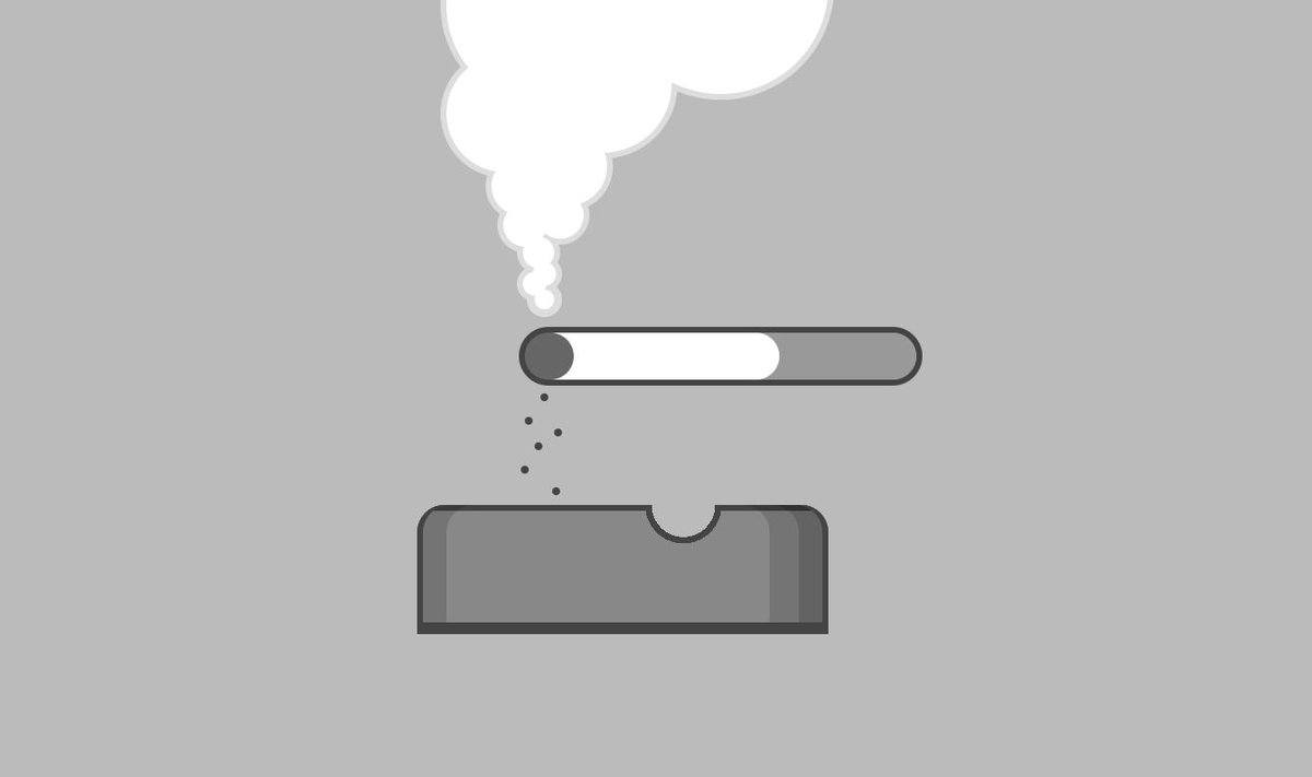 Black and white illustration of a smoking cigarette dropping ash into an ashtray.