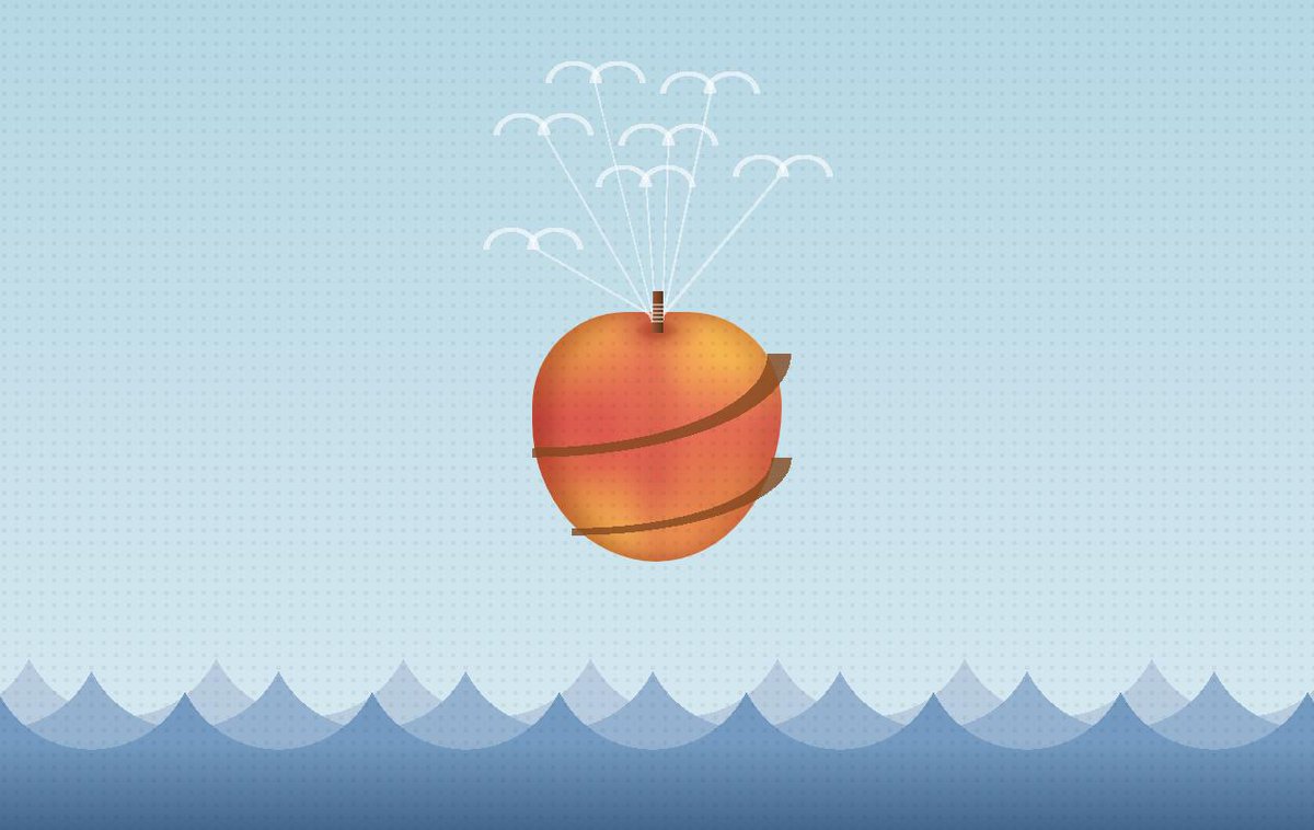 A giant peach floats in the air above waves, tethered by a flock of birds.