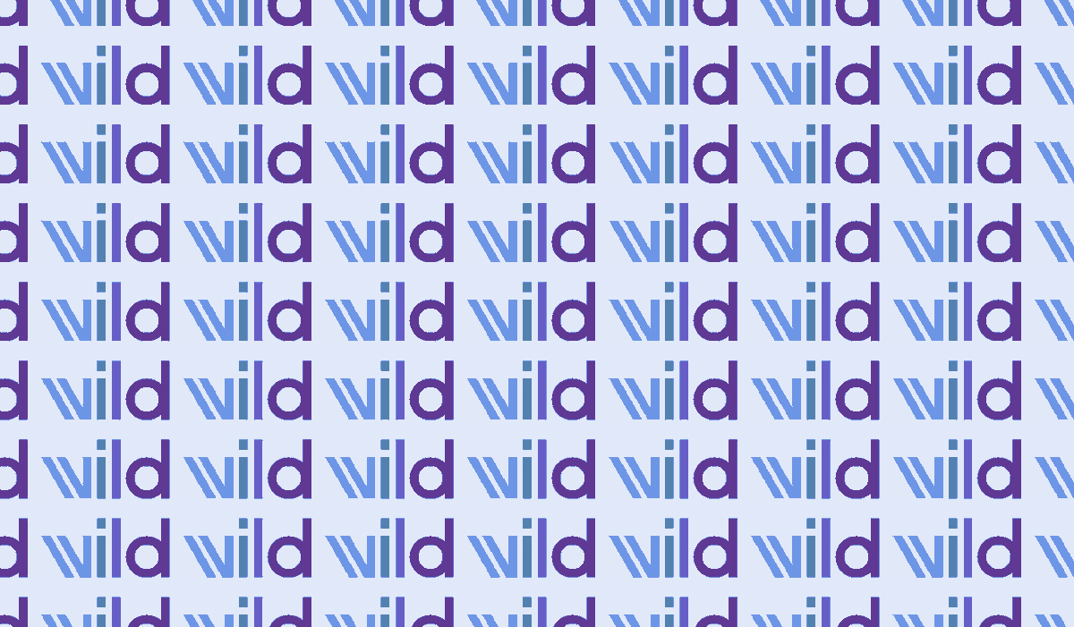 A repeating pattern that says “wild“ in blue and purple letters.