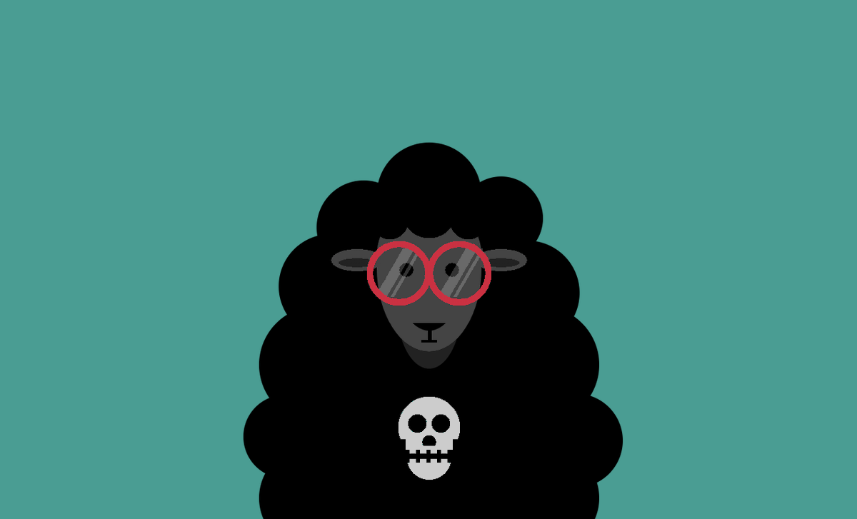 Illustration of a black sheep, wearing big red glasses and a “shirt” with a skull on it.