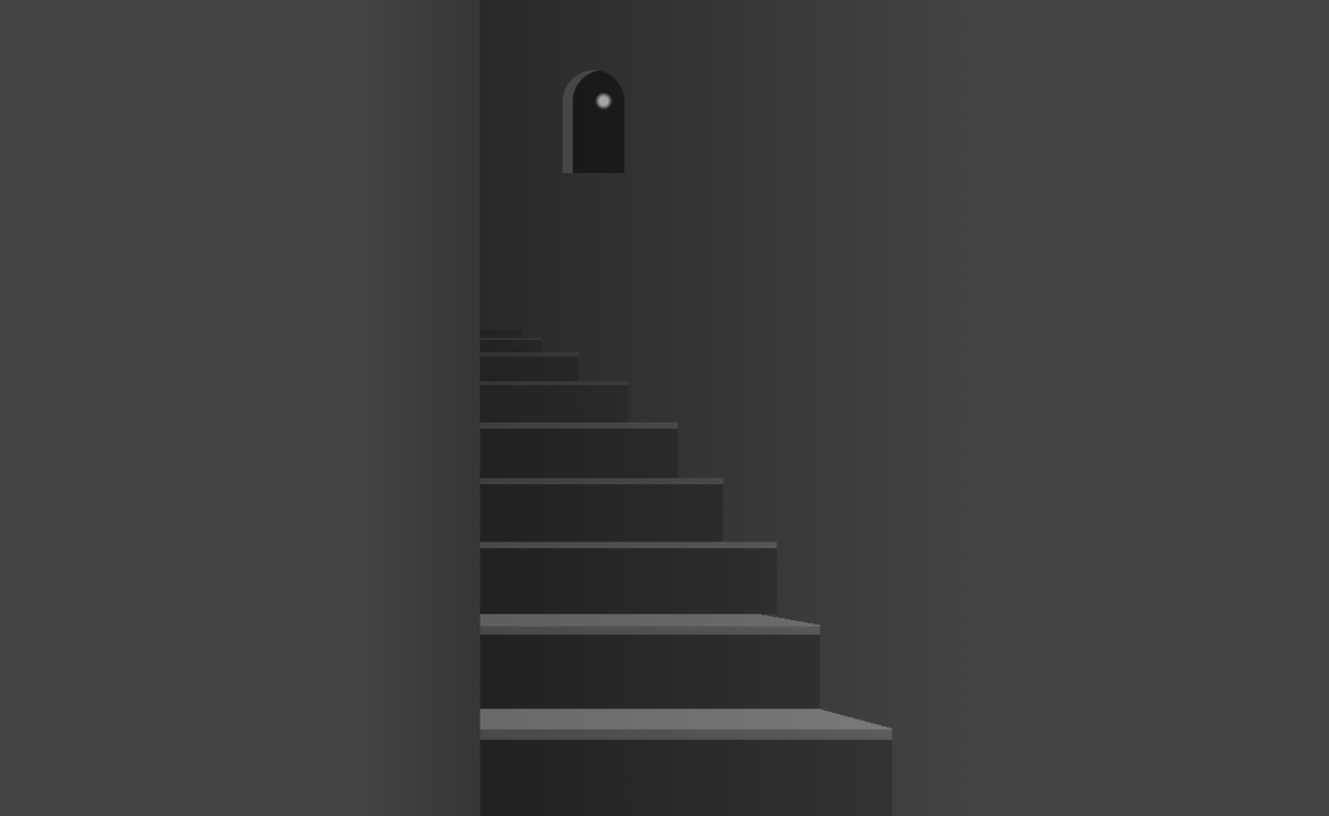 Illustration of a dimly lit narrow, curved staircase. Through a small cathedral window, the moon shines in the sky.