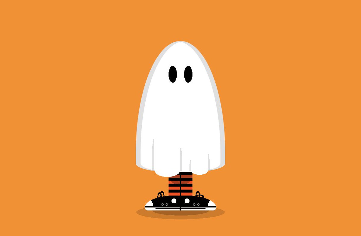 Illustration of a person wearing a ghost costume, Halloween striped socks, and Converse shoes.