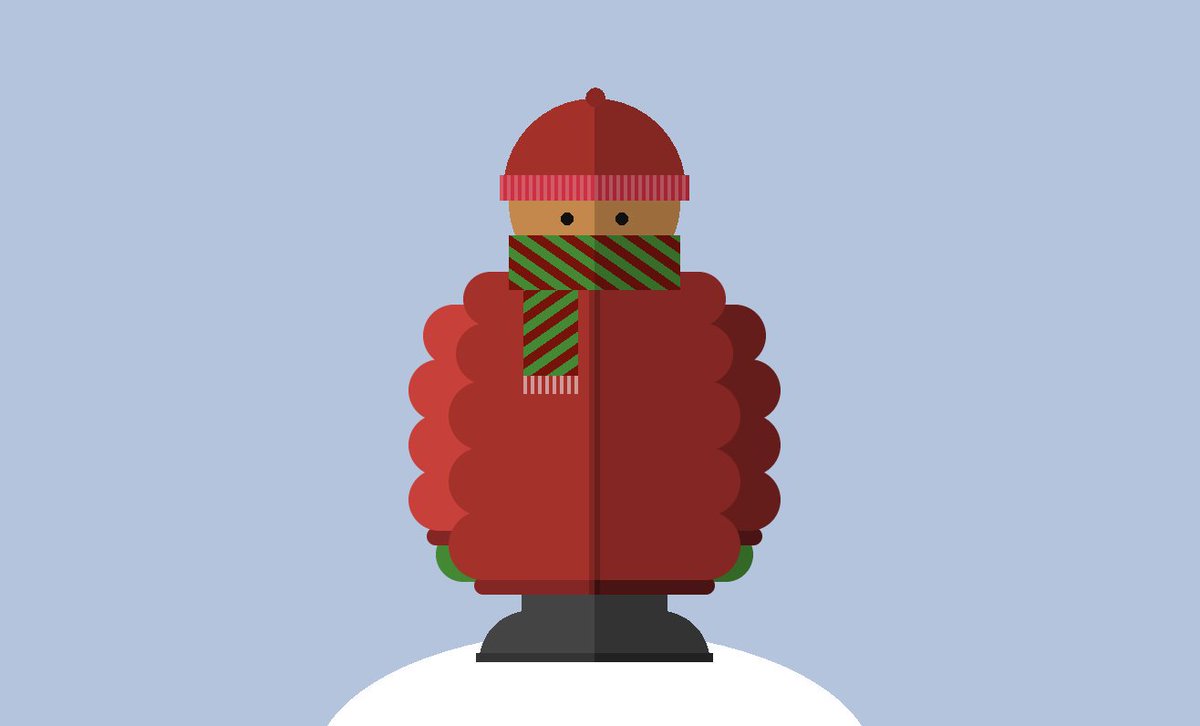 Illustration of a person on a snowy hill, cozy in a puffy jacket, scarf, and cap.