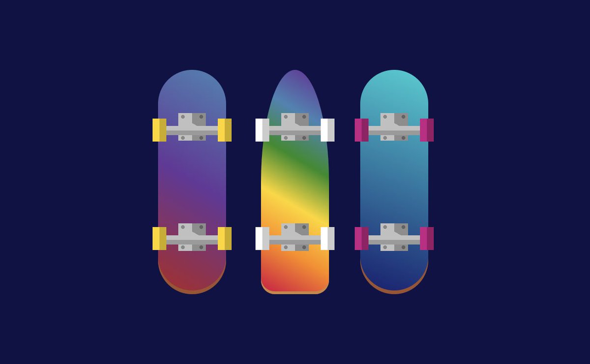 Illustration of three skateboards with decks of neon rainbow gradients.