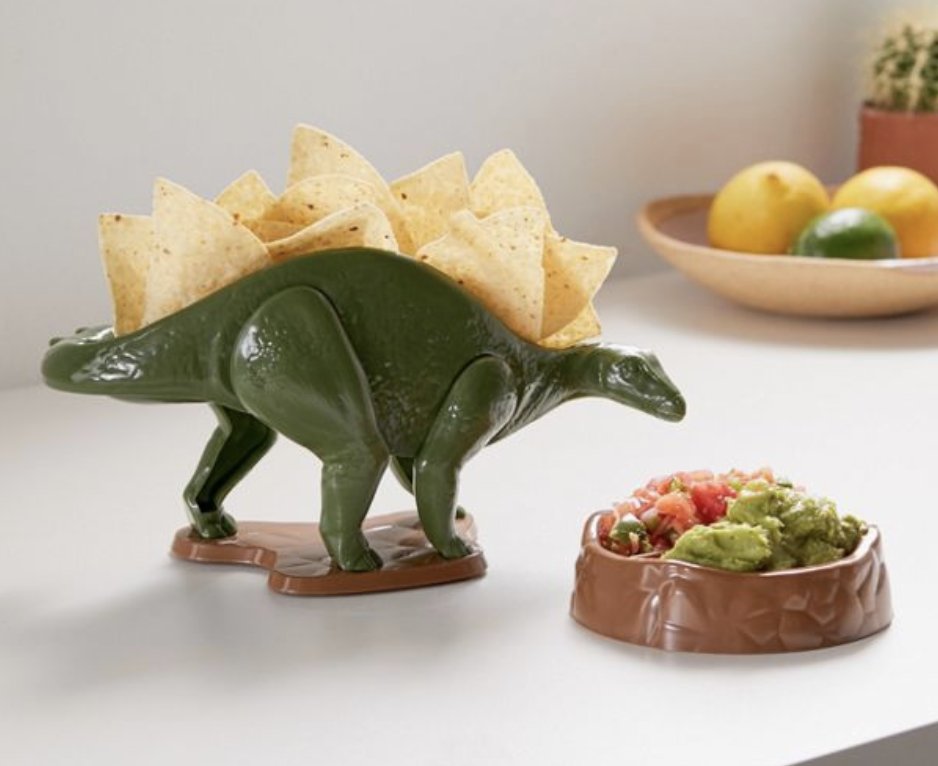 A ceramic stegosaurus with tortilla chips as back spikes. 