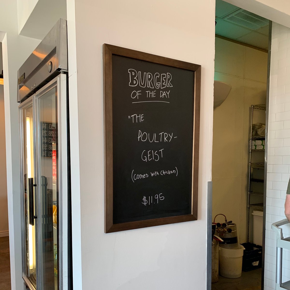 Restaurant specials chalkboard with the Burger of the Day: “The Poultry-geist.”