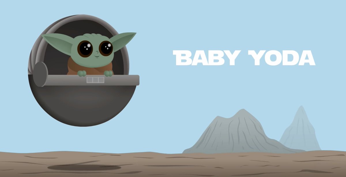 Illustration of baby Yoda floating in a pod over a desert landscape.