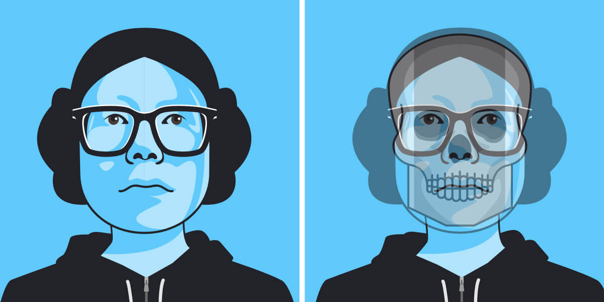 Portrait of the artist on the left. On the right, the same portrait, but at lower opacity revealing a skull underneath