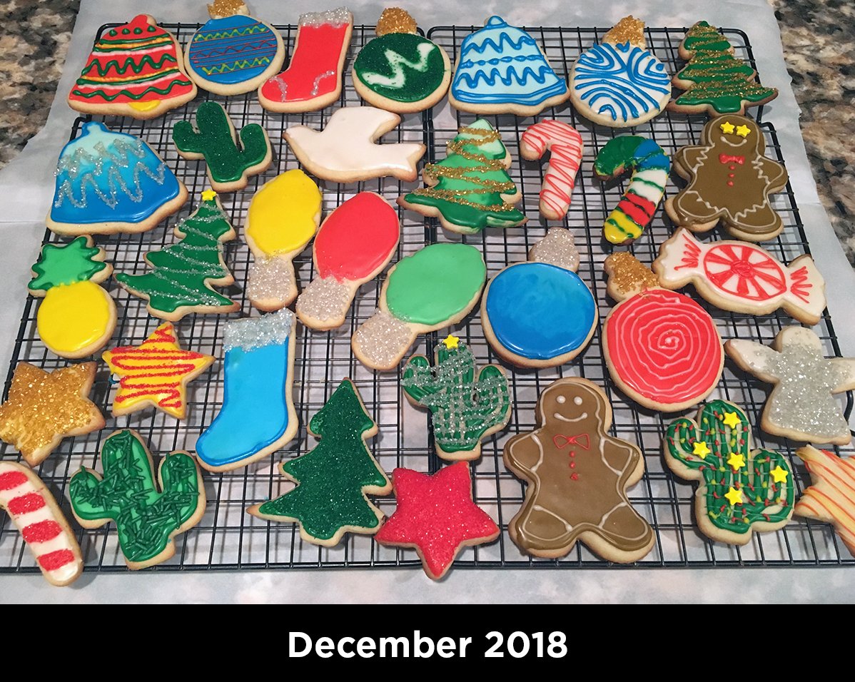 Christmas cookies from December 2018, colorful and fun but could use improvement.