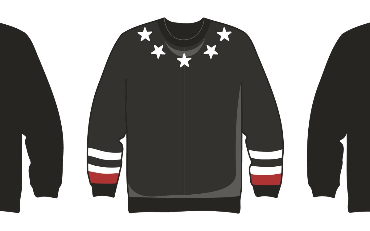 A black sweater with one red and two white stripes on the lower sleeves, a ring of white stars around the collar.