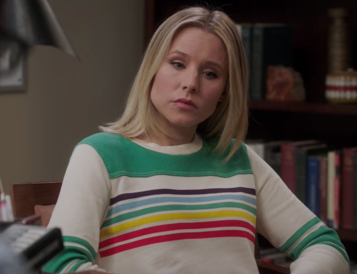 Kristen Bell as Eleanor on The Good Place, wearing the same sweater.