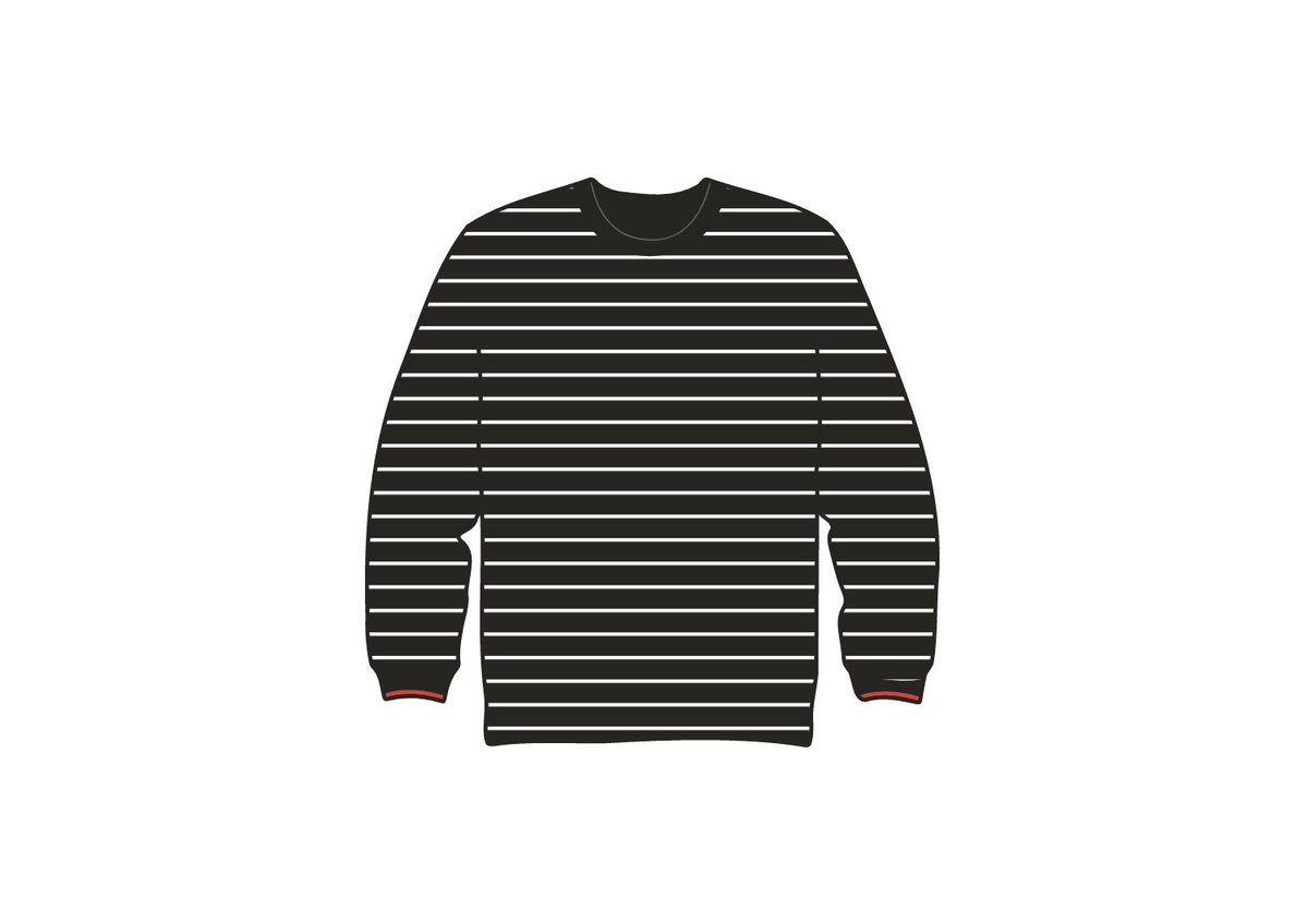 Black sweater with thin horizontal white stripes and a single red stripe at each wrist.