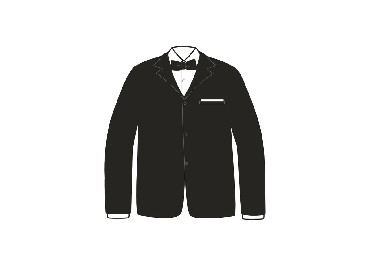 A tuxedo shirt, jacket, and bowtie.