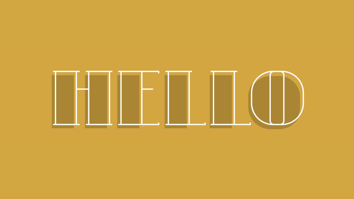 The word HELLO in white outlined serif on golden background.