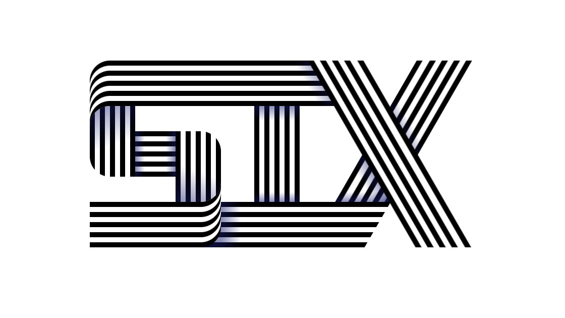 The word “six” drawn with overlapping layers of repeating white and black stripes.