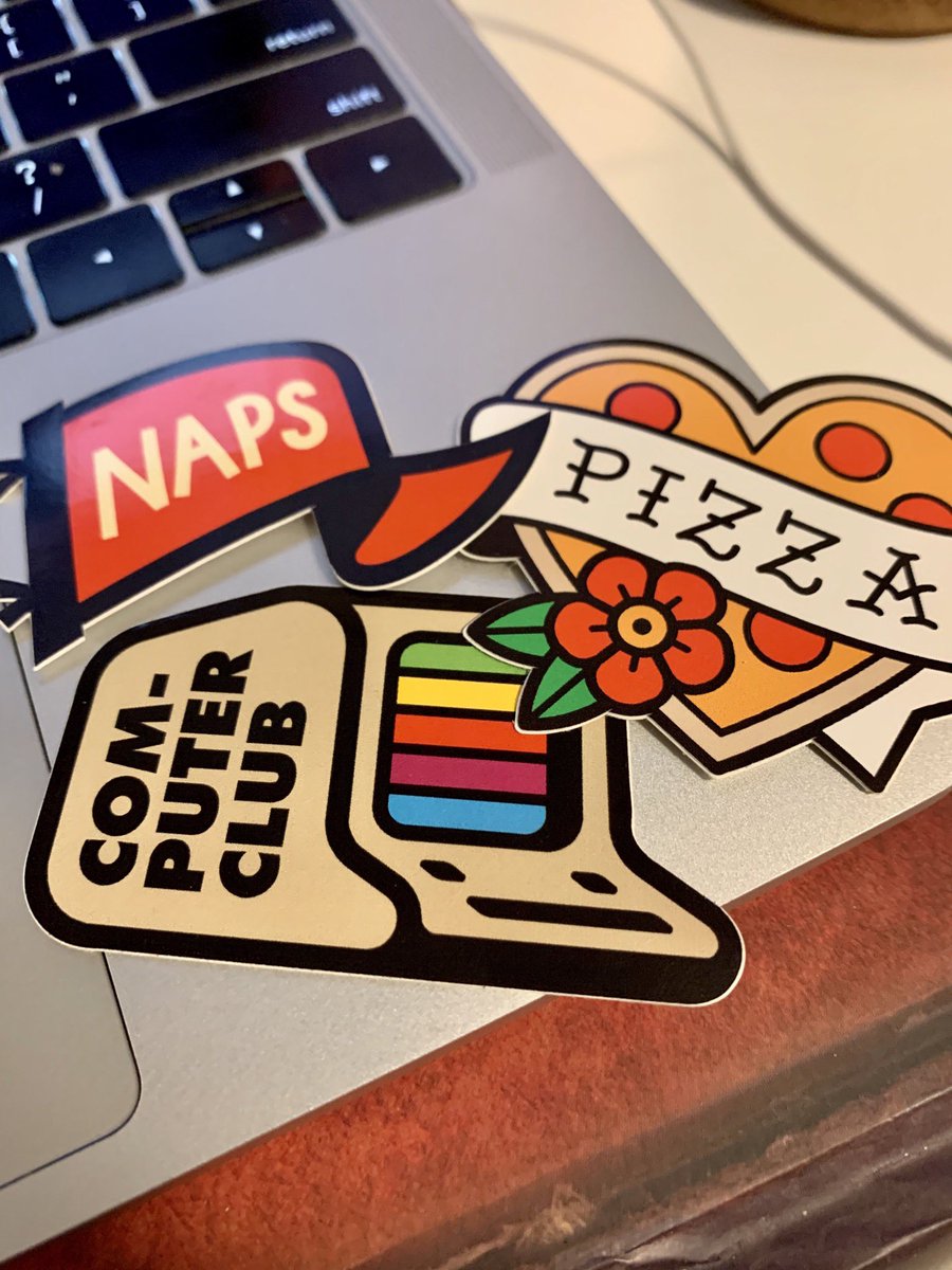 Stickers: vintage computer, naps pennant, pizza heart in tattoo style