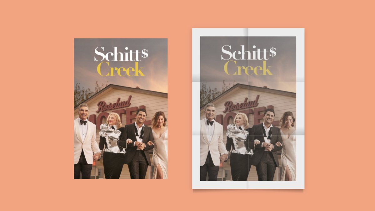 On the left a promo image of the Schitt’s Creek cast. On the right, the same image but with a border and creases so it looks like it had been folded and then unfolded.