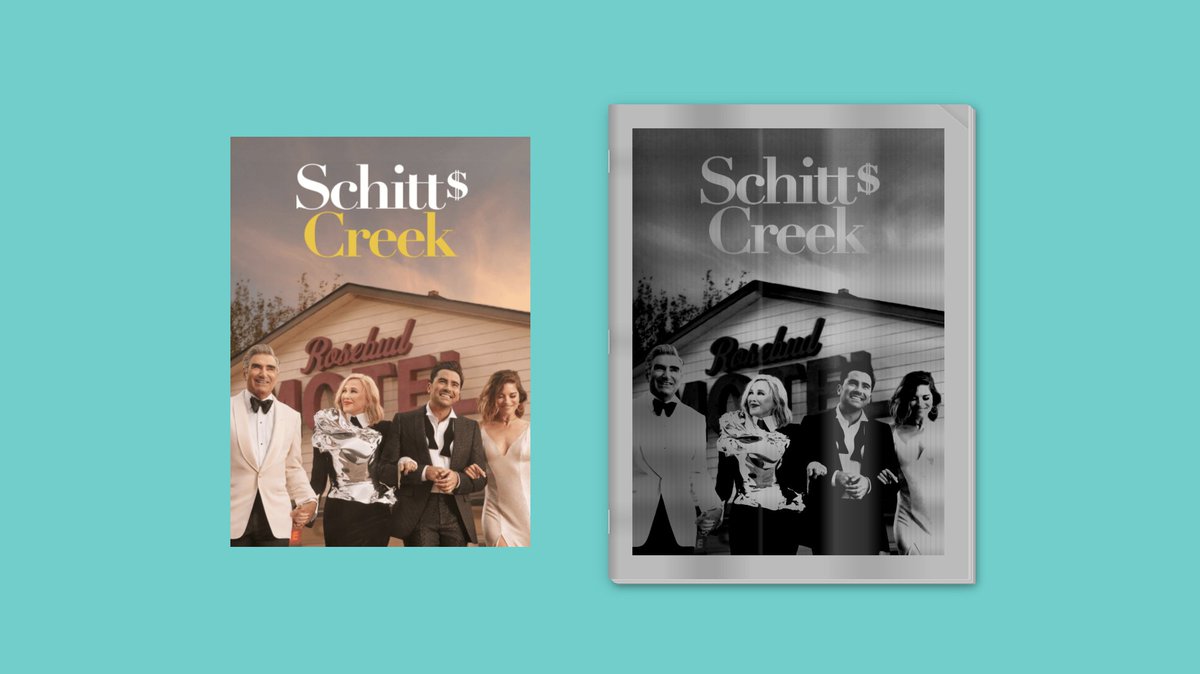 On the left a picture of the cast of Schitt’s Creek. On the right, the same pic but styled to look like a black and white photocopied paper zine.