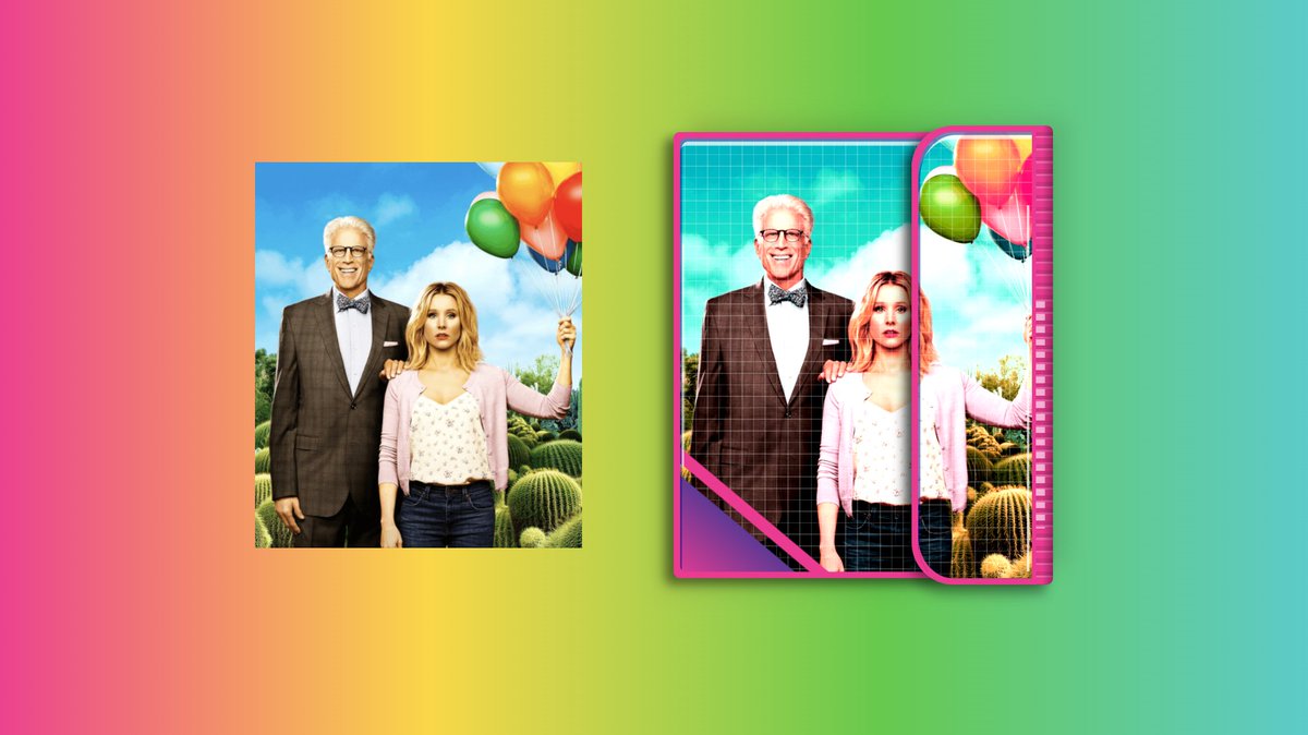 On the left, an image from The Good Place. On the right, the same image is styled like a bright pink trapper keeper.