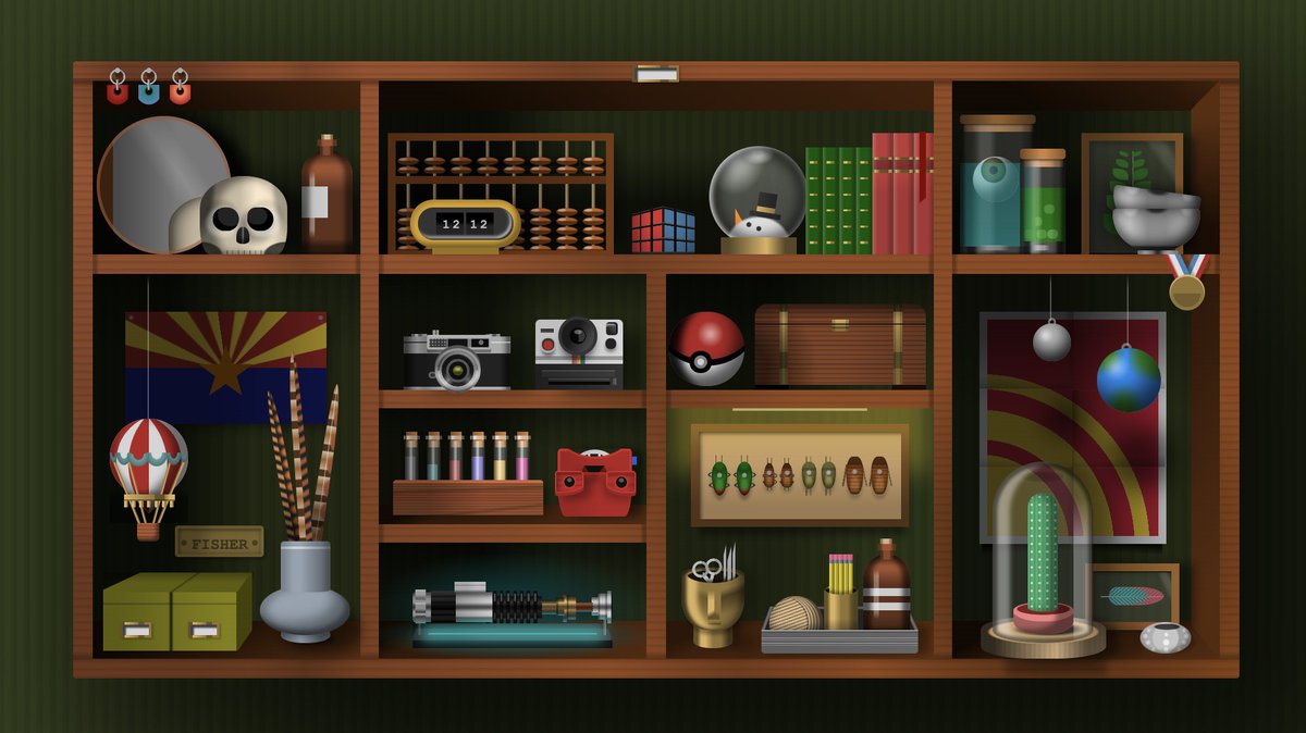 A cabinet with cubbies filled with curiosities and collectables like vintage cameras, an abacus, apothecary samples, and more.