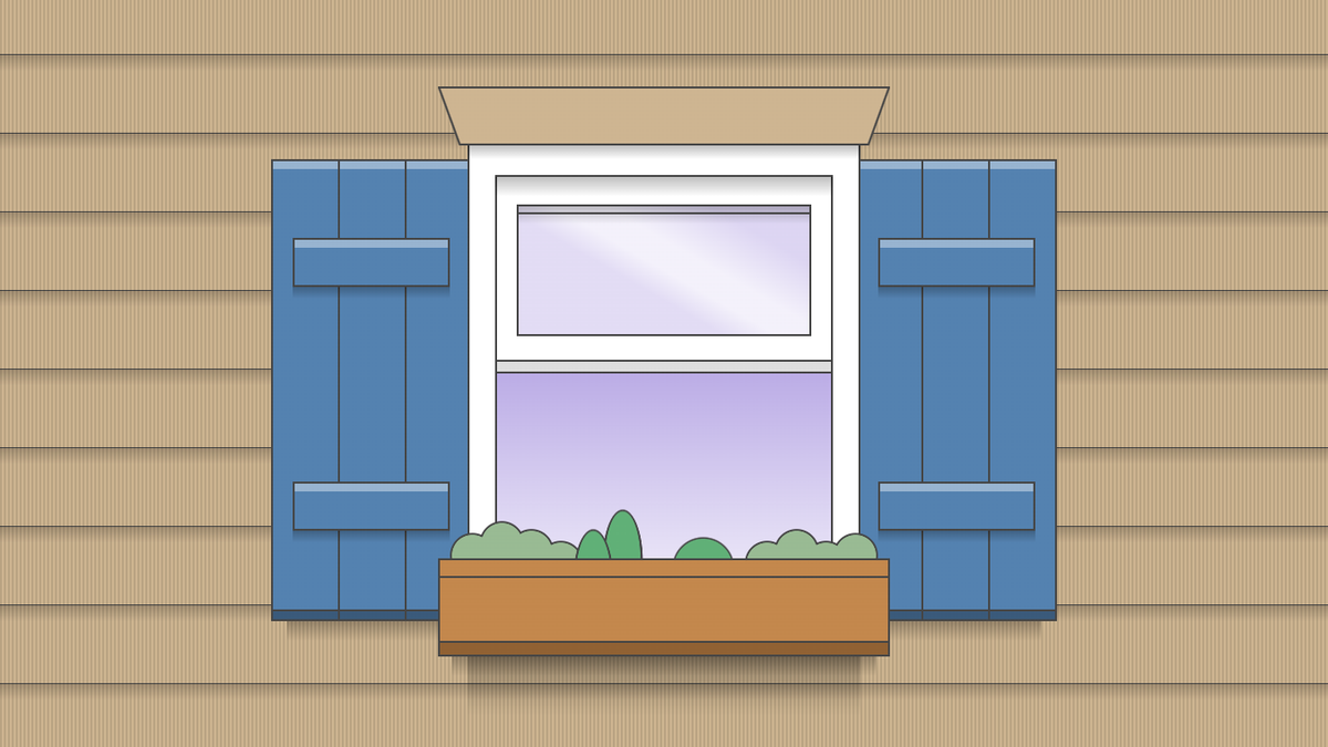 Illustration of house siding with an open window with blue shutters and planter box.