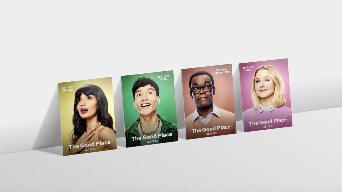 Images of the cast of The Good Place styled to look like they are leaning against a wall in 3D space.
