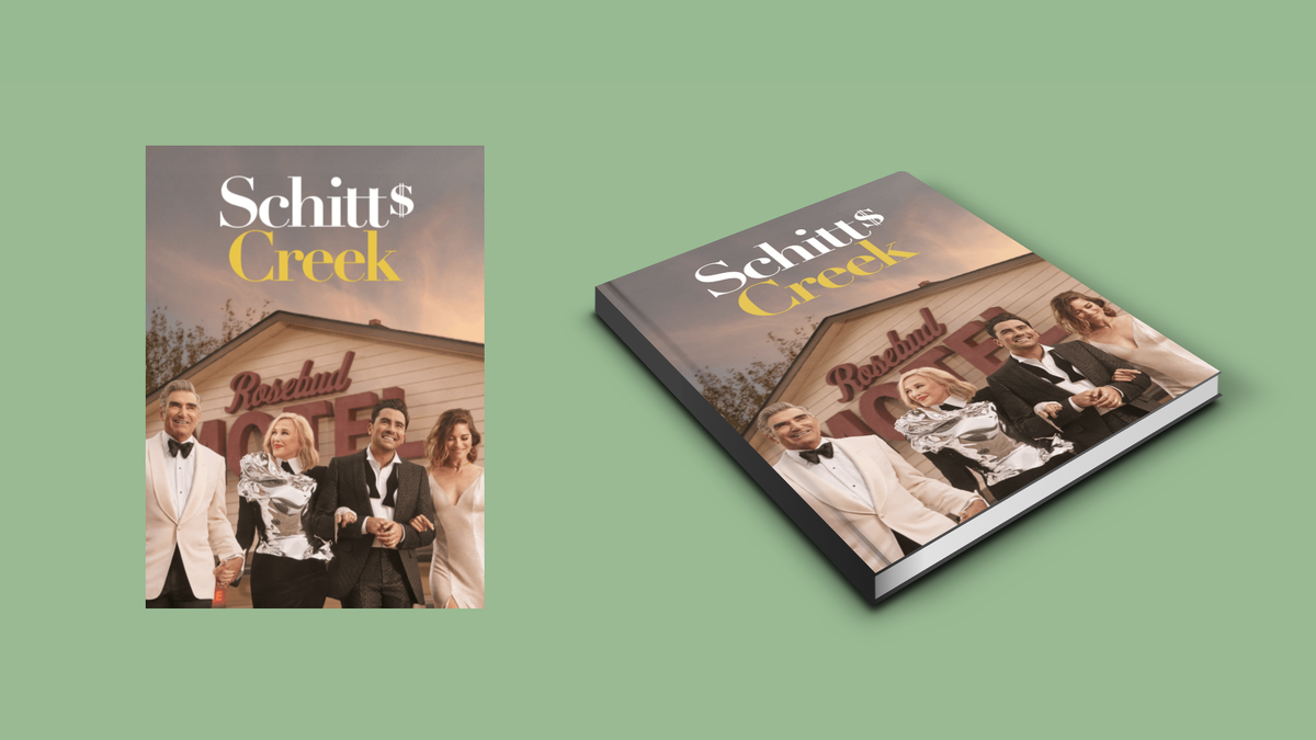 An image of the cast of Schitt’s Creek on the left; On the right the same image but styled to look like a coffee table book.