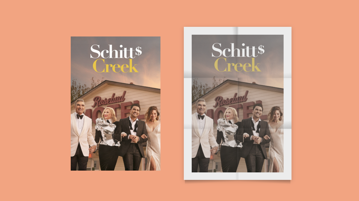 Schitt’s Creek cast photo styled as a folded poster.